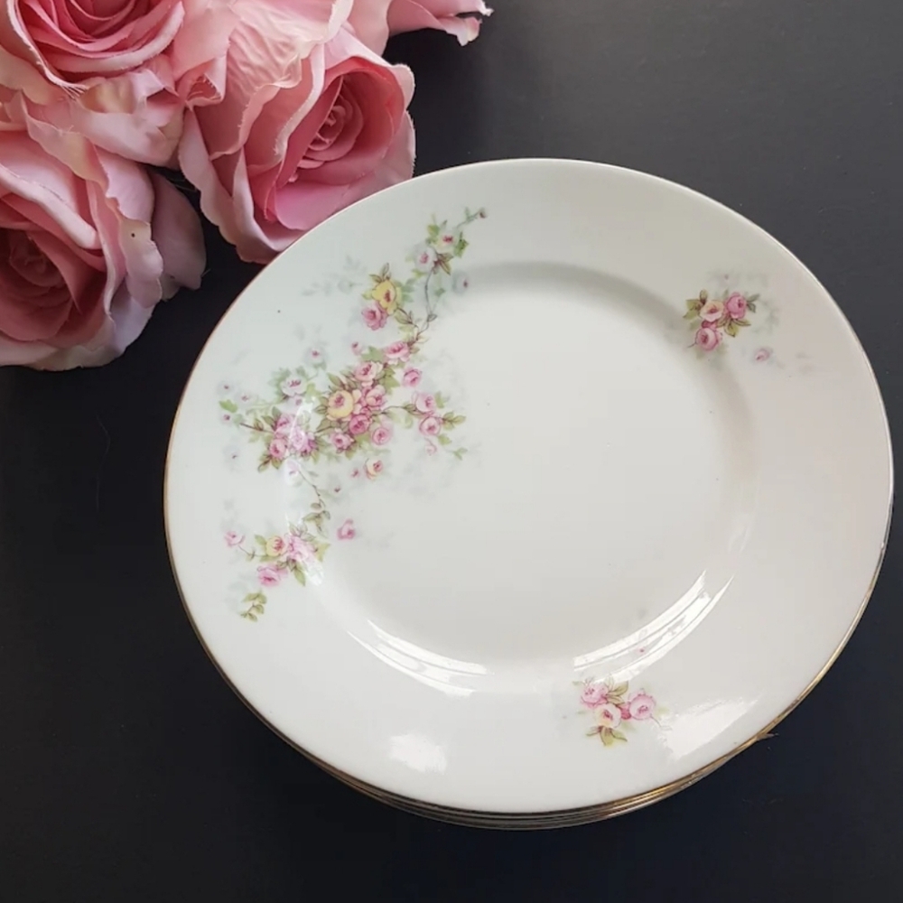Vintage Victoria China  Dessert Plates: Pink & Yellow Roses, Set of 6